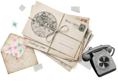 Vintage postcards, stamps, and a rotary phone — send a wish like mail
